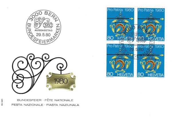 Busta Primo Giorno Svizzera 1980 – Pro Patria 80+40 FDC Busta Primo Giorno Svizzera 1980 con francobolli Pro Patria 80+40.
