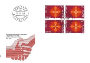 Busta Primo Giorno Svizzera 1980 Unione Sindacale SGB USS con blocco da 4 francobolli.