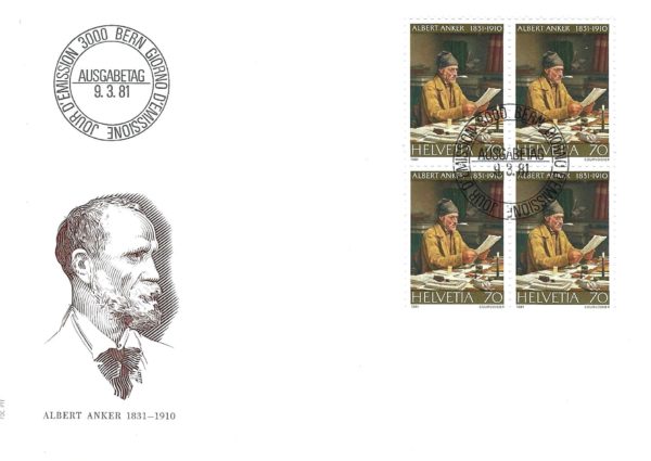 Francobolli Svizzera 1981 Albert Anker Blocco 4 francobolli Svizzera 1981 Albert Anker