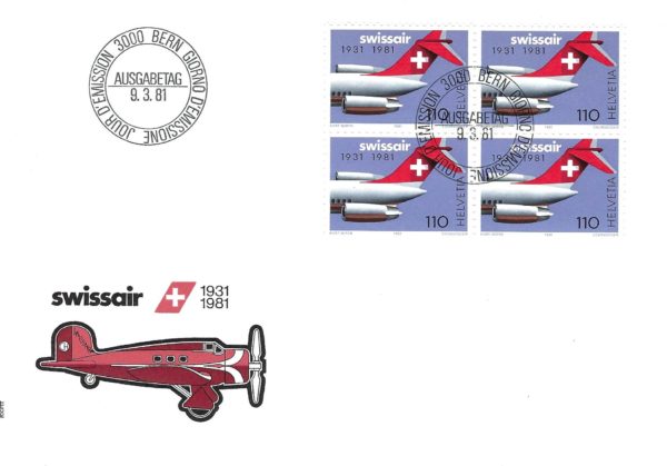 Francobolli Svizzera 1981 Swissair anniversario Blocco 4 francobolli Svizzera 1981 Swissair anniversario