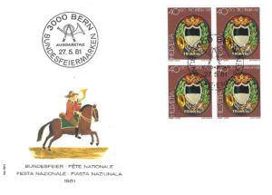 FDC Pro Patria 1981 40+20c Friburgo blocco da 4 Busta primo giorno Pro Patria 1981 Friburgo blocco da 4