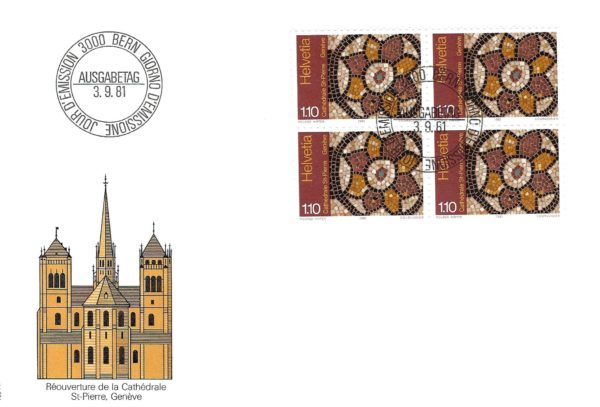 FDC Svizzera 1981 Cattedrale St-Pierre FDC Svizzera 1981 Cattedrale St-Pierre Ginevra blocco da 4