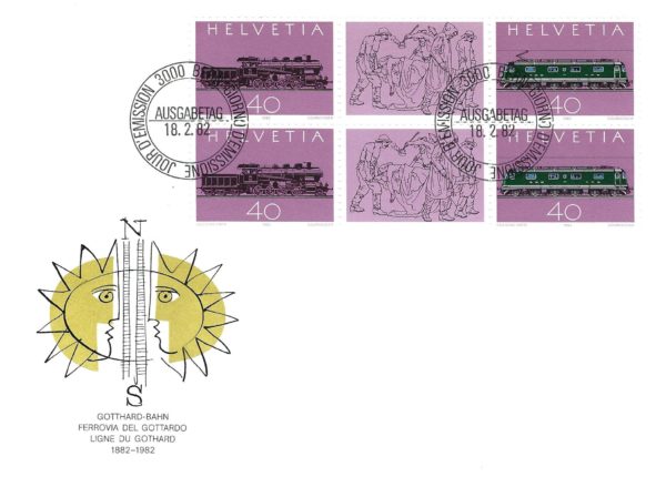 SERIE-82-263 FDC Svizzera 1982 Gotthardbahn blocco da quattro
