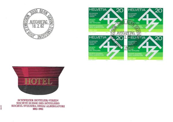 SERIE-82-265 FDC Svizzera 1982 Hotelier blocco da quattro 20 c