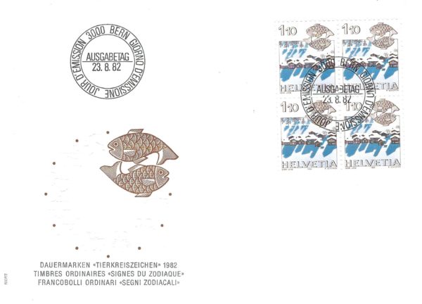 SERIE-82-285 FDC Svizzera 1982 Segni zodiacali Nettuno quartina 100