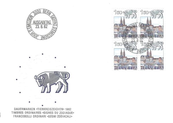 SERIE-82-287 FDC Svizzera 1982 Segni zodiacali Ariete quartina 120