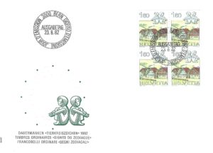 SERIE-82-288 FDC Svizzera 1982 Segni zodiacali Toro quartina 150