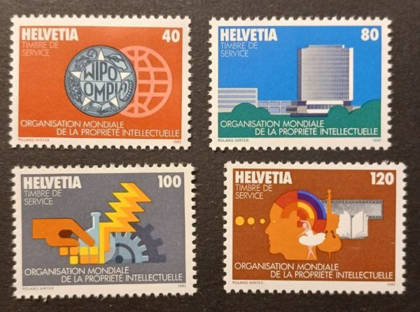 Francobolli di servizio Svizzera 1982 dedicati all’Organizzazione Mondiale della Proprietà Intellettuale Helvetia Timbre de Service 1982 – OMPI
