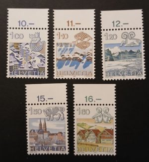 Francobolli svizzeri 1982 con segni zodiacali e vedute invernali Helvetia 1982 – Segni zodiacali e paesaggi