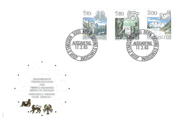 Francobolli Svizzera 1983 Segni Zodiacali – busta primo giorno FDC con valori 170, 180 e 200, annullo 17.2.83 FDC Svizzera 1983 Segni Zodiacali – serie completa con annullo del giorno d’emissione