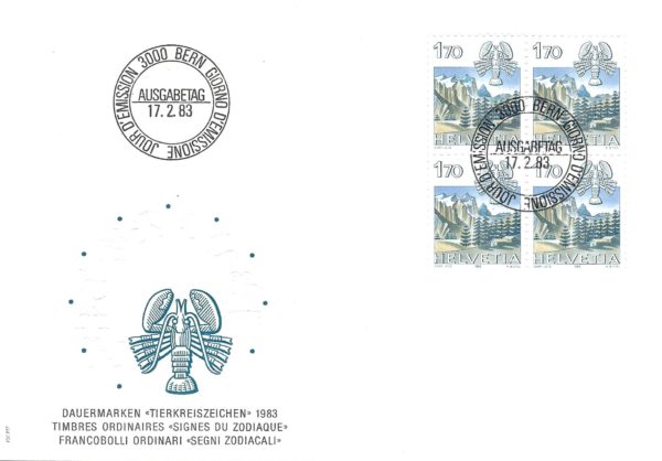 Francobollo Svizzera 1983 Cancro – blocco da 4 su busta primo giorno FDC con annullo 17.2.83 FDC Svizzera 1983 Cancro – blocco da quattro francobolli con annullo