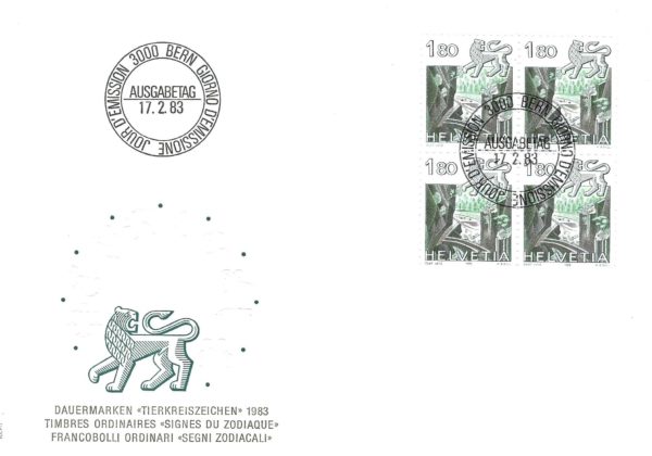 Francobollo Svizzera 1983 Leone – blocco da 4 su busta FDC con annullo 17.2.83 FDC Svizzera 1983 Leone – blocco da quattro francobolli