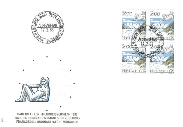Francobollo Svizzera 1983 Vergine – blocco da 4 su busta FDC con annullo 17.2.83 FDC Svizzera 1983 Vergine – blocco da quattro esemplari