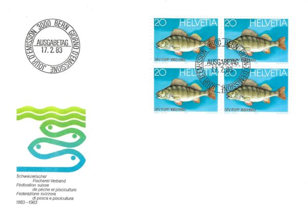 Francobollo Svizzera 1983 Pesce Persico – blocco da 4 su busta FDC FDC Svizzera 1983 – Pesce persico 20 centesimi, blocco da quattro