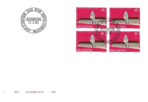 Francobollo Svizzera 1983 Università di Zurigo – blocco da 4 su busta FDC FDC Svizzera 1983 – Università di Zurigo 40 centesimi