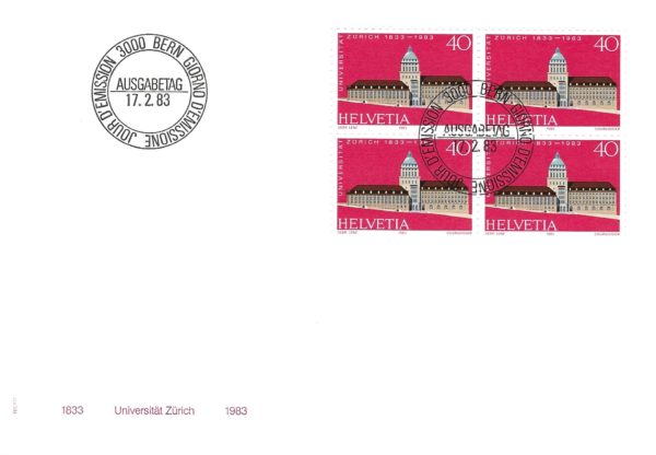 Francobollo Svizzera 1983 Università di Zurigo – blocco da 4 su busta FDC FDC Svizzera 1983 – Università di Zurigo 40 centesimi