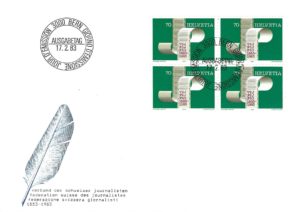 Francobollo Svizzera 1983 Federazione Giornalisti – blocco da 4 su FDC FDC Svizzera 1983 – Federazione Svizzera dei Giornalisti 70 centesimi