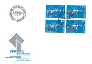 Francobollo Svizzera 1983 Costruttori di Macchine – blocco da 4 su FDC FDC Svizzera 1983 – Società Svizzera dei Costruttori di Macchine 80 centesimi