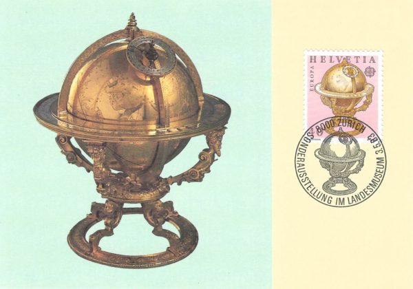 Francobollo Svizzera 1983 Europa – globo antico su cartolina con annullo di Zurigo Svizzera 1983 Europa – cartolina ufficiale con francobollo “globo”