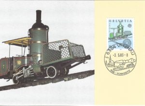 Cartolina FDC Svizzera 1983 locomotiva storica Rigi con francobollo Europa e annullo 3.5.83 FDC Svizzera 1983 – Locomotiva Rigi, emissione Europa