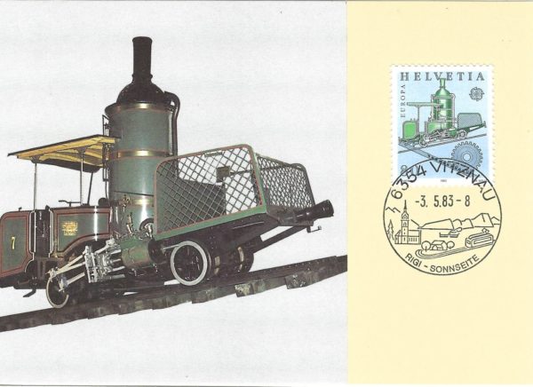 Cartolina FDC Svizzera 1983 locomotiva storica Rigi con francobollo Europa e annullo 3.5.83 FDC Svizzera 1983 – Locomotiva Rigi, emissione Europa