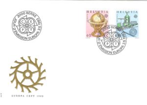 Busta FDC Svizzera 1983 Europa CEPT con francobolli globo e locomotiva FDC Svizzera 1983 Europa CEPT – serie completa