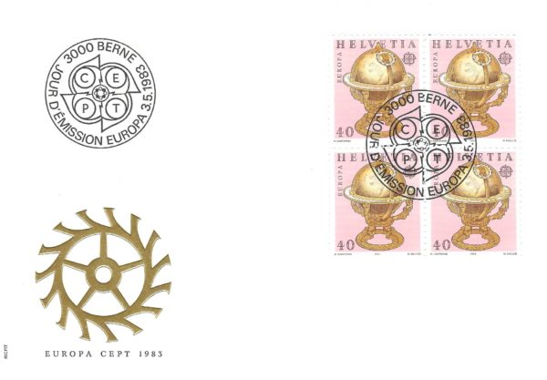 Busta FDC Svizzera 1983 Europa CEPT con blocco da 4 francobolli globo FDC Svizzera 1983 Europa – blocco Globi