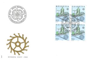 Busta FDC Svizzera 1983 Europa CEPT con blocco da 4 francobolli locomotiva FDC Svizzera 1983 Europa – blocco Locomotiva