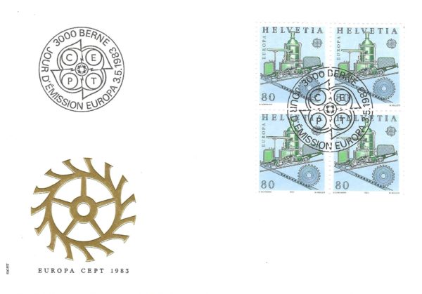 Busta FDC Svizzera 1983 Europa CEPT con blocco da 4 francobolli locomotiva FDC Svizzera 1983 Europa – blocco Locomotiva