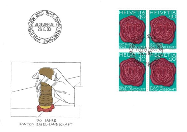 FDC Svizzera 1983 Basel-Landschaft con blocco da quattro FDC 1983 – 150 Jahre Basel-Landschaft blocco 4
