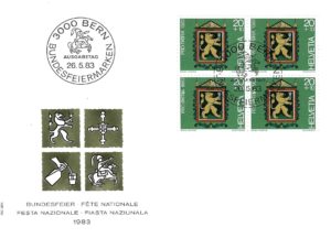 FDC Svizzera 1983 Pro Patria con blocco da 4 del valore 20+10 FDC 1983 Pro Patria blocco Leone