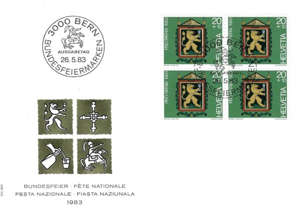 FDC Svizzera 1983 Pro Patria con blocco da 4 del valore 20+10 FDC 1983 Pro Patria blocco Leone