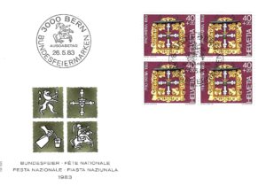 FDC Svizzera 1983 Pro Patria con blocco da 4 del valore 40+20 FDC 1983 Pro Patria blocco Croce