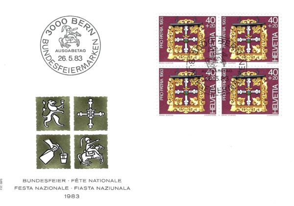FDC Svizzera 1983 Pro Patria con blocco da 4 del valore 40+20 FDC 1983 Pro Patria blocco Croce