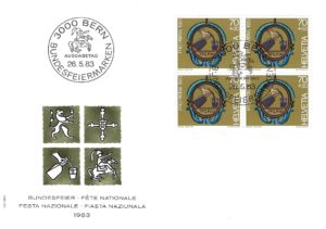 FDC Svizzera 1983 Pro Patria con blocco da 4 del valore 70+30 FDC 1983 Pro Patria blocco Mani e strumenti