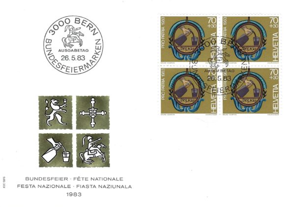 FDC Svizzera 1983 Pro Patria con blocco da 4 del valore 70+30 FDC 1983 Pro Patria blocco Mani e strumenti