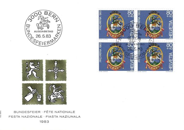 Busta FDC Svizzera 1983 Pro Patria con blocco da quattro valori 80+40 FDC Pro Patria 1983 blocco da 4 valore 80