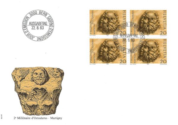 Busta FDC Svizzera 1983 Martigny 2° millenario blocco da 4 valore 20 FDC 1983 Martigny 2° millenario blocco 4