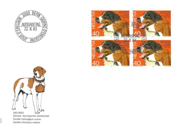 Busta FDC Svizzera 1983 società cinologica blocco da 4 valore 40 FDC 1983 cinologia svizzera blocco 4