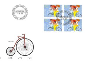 Busta FDC Svizzera 1983 ciclismo blocco da 4 valore 70 FDC 1983 ciclismo blocco 4
