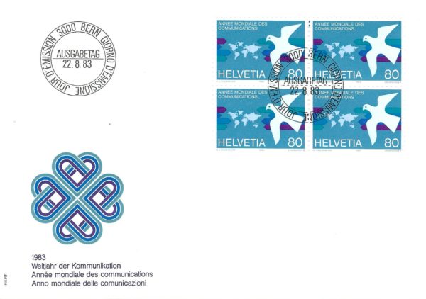 Busta FDC Svizzera 1983 anno mondiale delle comunicazioni blocco da 4 valore 80 FDC 1983 anno mondiale comunicazioni blocco 4