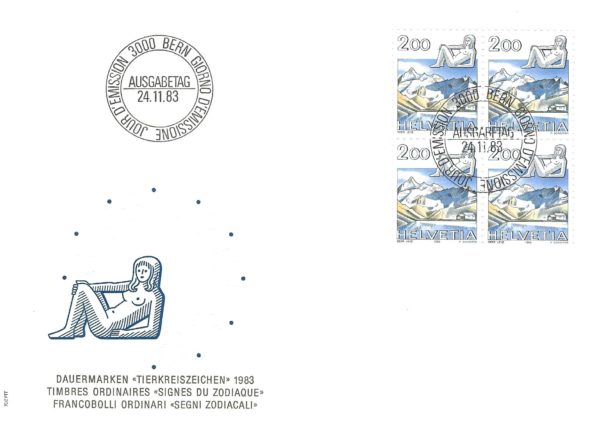 Busta FDC Svizzera 1983 Segni Zodiacali blocco da 4 valore 200 FDC 1983 Segni Zodiacali blocco 4