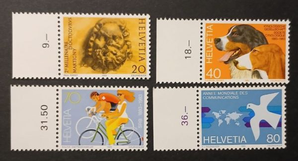 Francobolli svizzeri 1983 con margine di foglio valori 20, 40, 70 e 80 Svizzera 1983 – Serie con margine di foglio