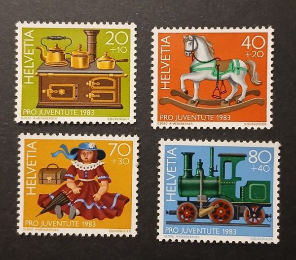 Serie Pro Juventute 1983 quattro valori giocattoli Svizzera Pro Juventute 1983 – Serie giocattoli