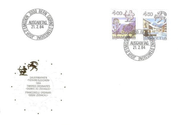 Busta primo giorno Svizzera 1984 segni zodiacali Sagittario e Capricorno FDC Svizzera 1984 – Segni Zodiacali – Sagittario e Capricorno