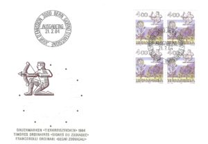 FDC Svizzera 1984 Sagittario blocco di quattro 40 Rp FDC 1984 – Sagittario – Blocco di Quattro 40 Rp