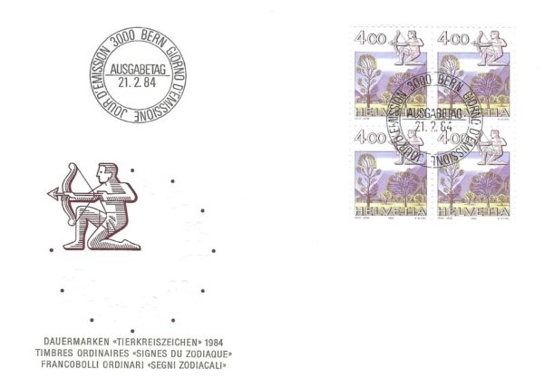 FDC Svizzera 1984 Sagittario blocco di quattro 40 Rp FDC 1984 – Sagittario – Blocco di Quattro 40 Rp