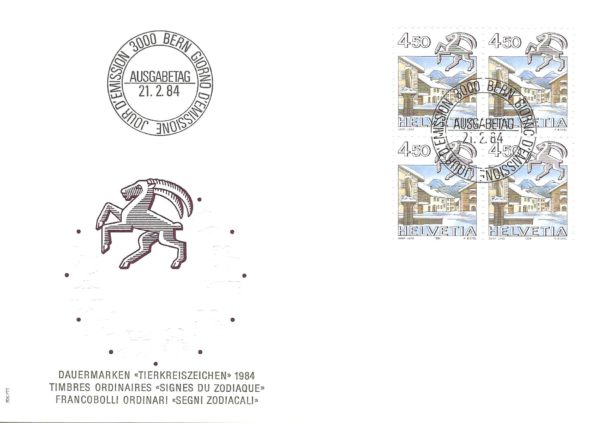 FDC Svizzera 1984 Capricorno blocco di quattro 45 Rp FDC 1984 – Capricorno – Blocco di Quattro 45 Rp