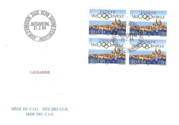 FDC Svizzera 1984 Lausanne sede CIO blocco di quattro 80 Rp FDC 1984 – Lausanne CIO – Blocco di Quattro 80 Rp