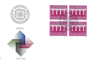 FDC Svizzera CEPT Europa 1984 blocco di quattro 50 Rp FDC Europa CEPT 1984 – Blocco di Quattro 50 Rp